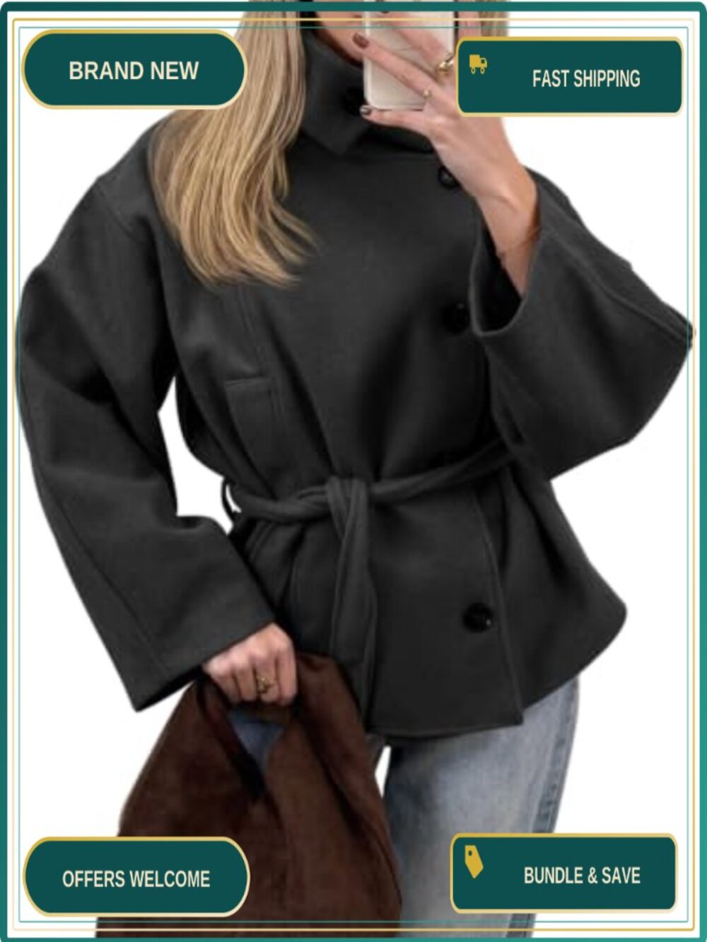 Womens Cropped Pea Coat Wool Blend Belted Fall Winter Jacket